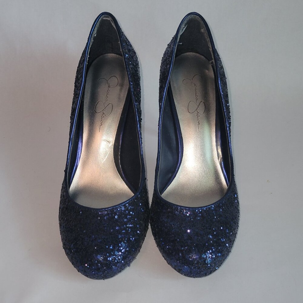 Jessica Simpson Oscar Heels in Glittery Blue. Size 8.5